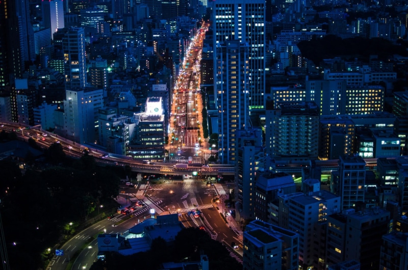 travel destinations, computer, city street, high angle view, built structure, night, no people, residential district, cityscape, office building exterior