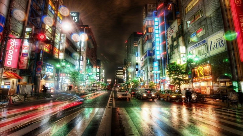 neon, office building exterior, traffic, street, HDR, architecture, city life, building exterior, city street, illuminated, building, cityscape