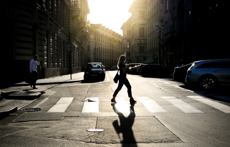 pavement, transportation, city life, 5K, vehicles, lampposts, car, adult, manhole, building exterior, nature, people, road, woman, outdoors, light, crosswalk