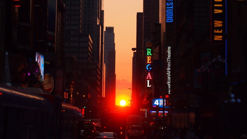 cityscape, rise, illuminated, car, manhattan - New York City, Manhattanhenge, sunset, architecture, transportation, black, mode of transportation, 4K
