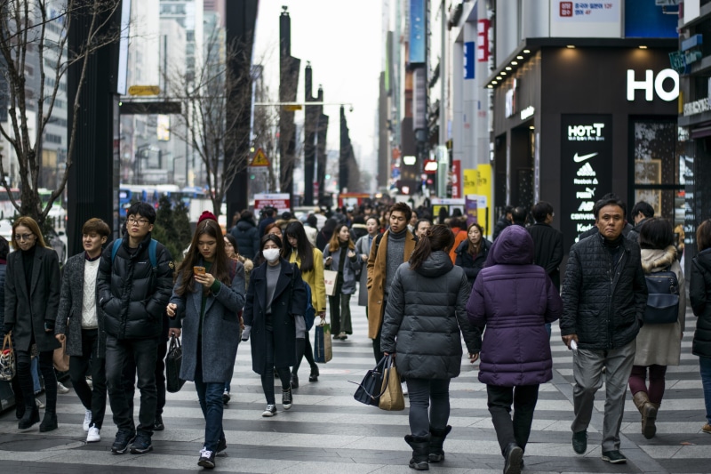 korea, built structure, culture, group of people, transportation, road, city street, walking, men, winter, adult, architecture, building exterior, city life
