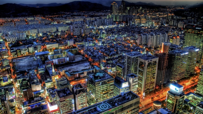 illuminated, city, high angle view, building, built structure, concrete, South Korea, night, crowd, HDR, outdoors, modern, building exterior, buildings