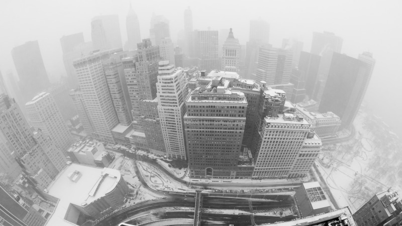 architecture, urban skyline, skyscraper, New York City, rise, 1080P, fog, tall - high, high, monochrome, tower, winter, sky, buildings, financial district