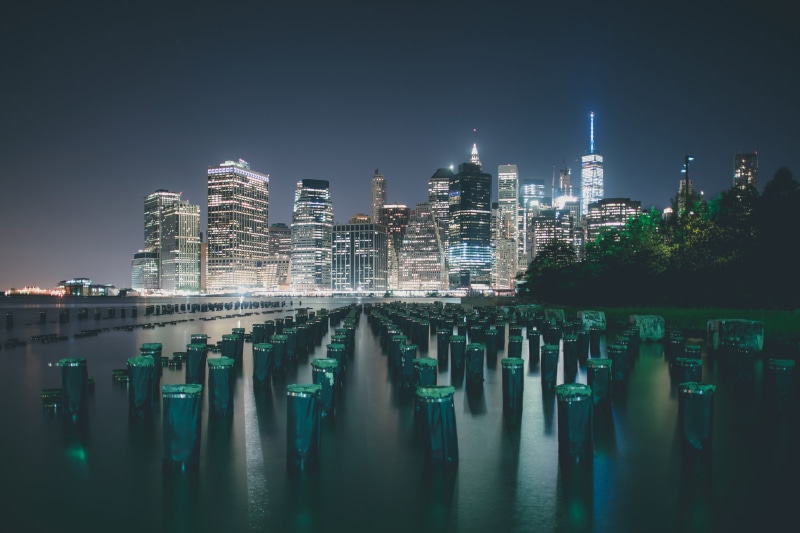 building, urban Scene, waterfront, financial district, New York City, river, by night, architecture, built Structure, 4K, uSA, downtown District, outdoors