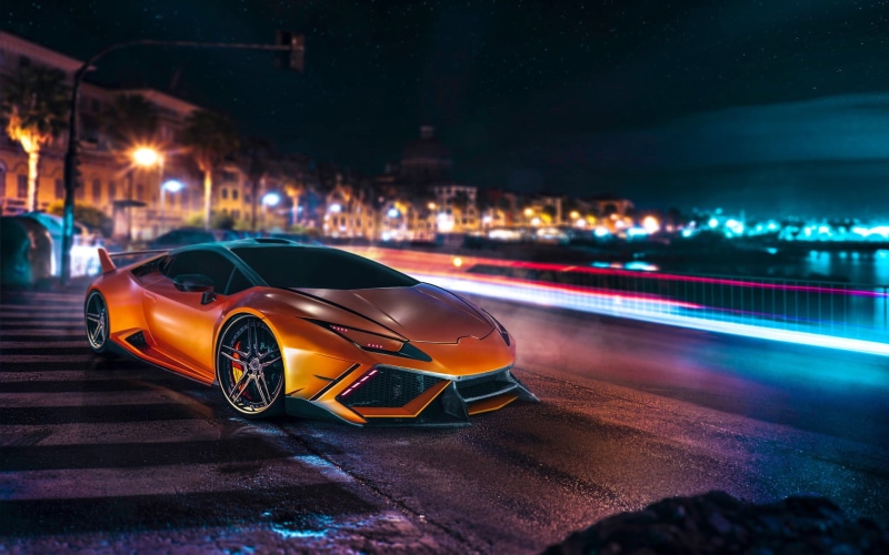 luxury, street light, outdoors, road, night, orange, Lamborghini Huracan, mode of transportation, city, city life, built structure, transportation, car