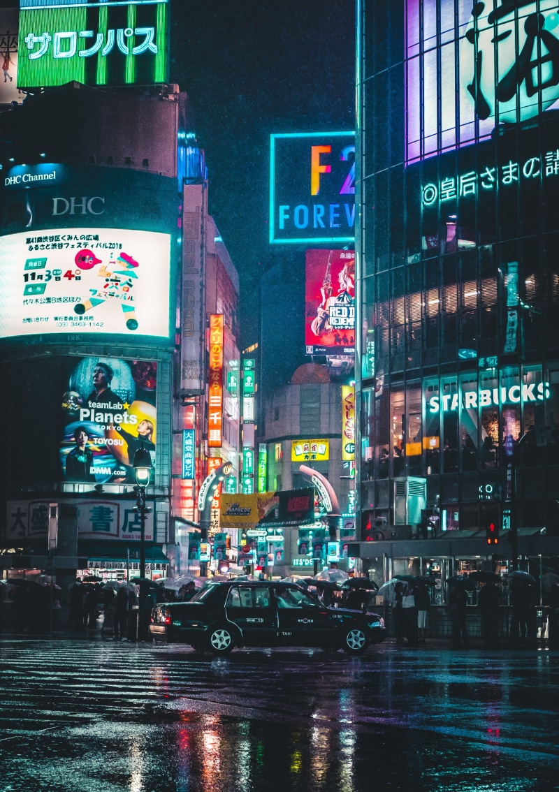 reflection, communication, contemporary, text, cyber, japan, buildings, built structure, parked, neon, no people, evening, near, outdoors, urban, rain