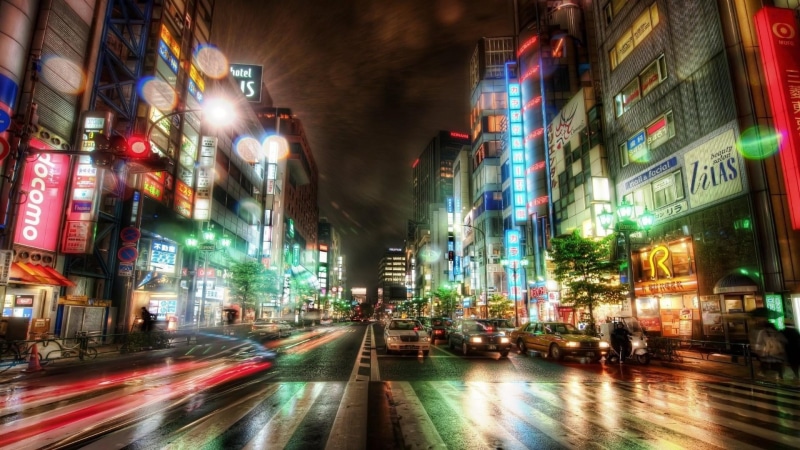 mode of transportation, multi colored, metropolis, no people, land vehicle, illuminated, building, japan, city, blurred motion, cityscape, night, nightlife