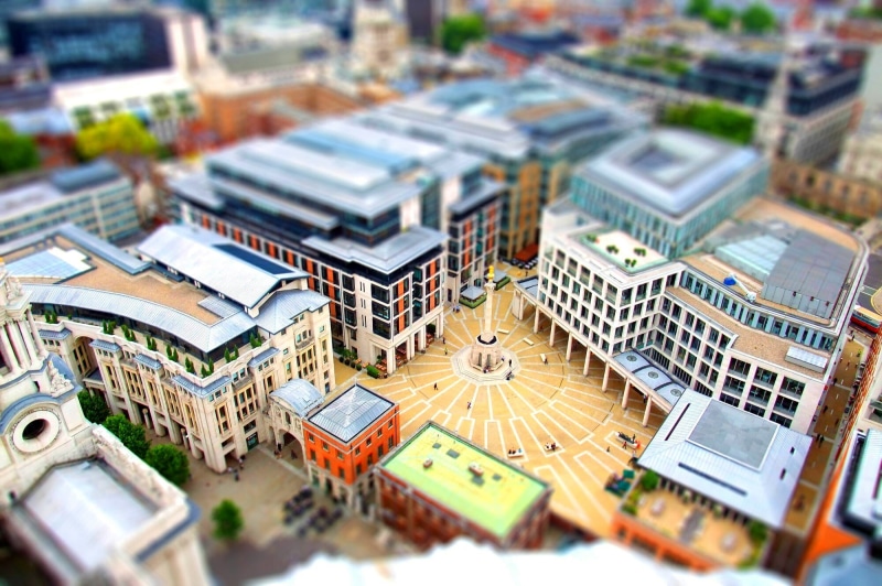 high Angle View, shift, urban Scene, tilt-shift, tilt shift, business, no people, England, day, street, buildings, residential District, city street, roof