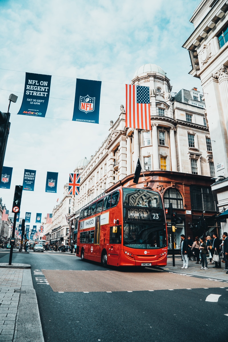 regent street, beside, transportation, american flag, 5K, day, london, city life, land vehicle, building, road, building exterior, concrete, double-decker bus