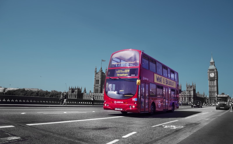 travel, black and white, outdoors, sign, road, famous Place, motion, uK, double, clear sky, 5K, road marking, red, no people, london, land Vehicle, england