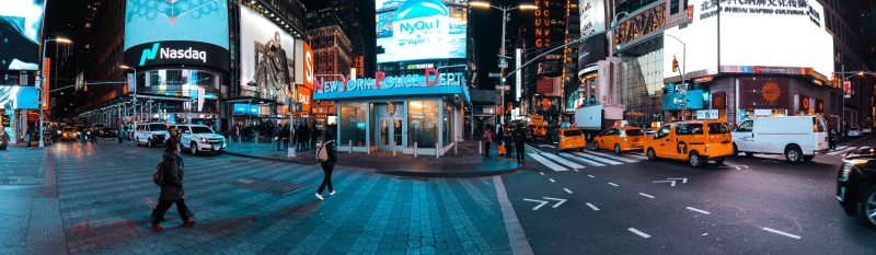 walking, 8K, incidental people, sign, panorama, times square, city, new york police department, road marking, land vehicle, new york, road, crossing, building
