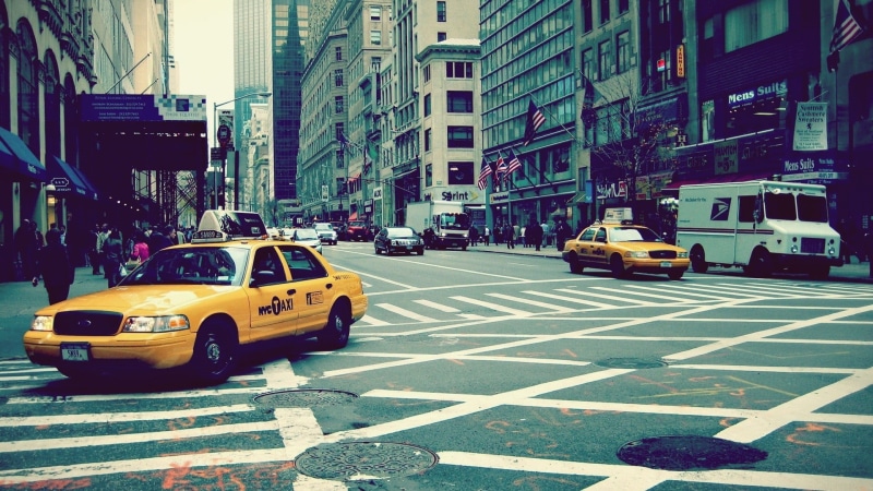 motor vehicle, road, cabs, car, two, 1080P, architecture, city life, office building exterior, built structure, yellow taxi, building, mode of transportation