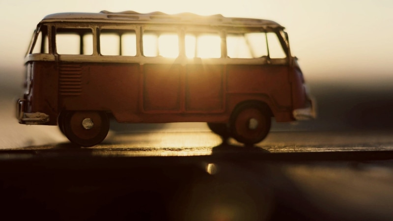 retro Styled, old-fashioned, sunlight, blurred, tourism, journey, road, closeup, obsolete, toys, street, travel, minibus, color Image, back lit, white
