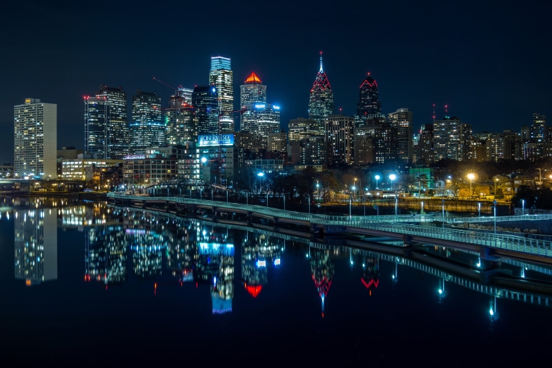 high, water, city, tall - high, promenades, buildings, outdoors, rise, reflection, long exposure, river, sky, Philadelphia, financial district, cityscape