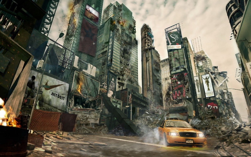 road, building, skyscrapers, city, taxi, low angle view, traffic, built Structure, people, transportation, downtown District, motion, cityscape, sky, Apocalypse