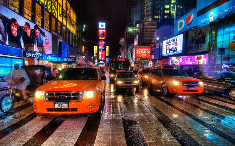 midtown, broadway - Manhattan, city, rain, car, yellow Taxi, commercial Sign, uSA, manhattan - New York City, transportation, building, building Exterior