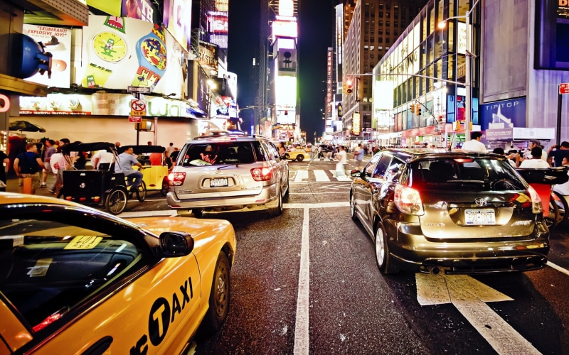 night, new York City, car, building Exterior, Traffic Jam, manhattan - New York City, mode of Transport, yellow Taxi, new, uSA, crowd, street Light, billboard