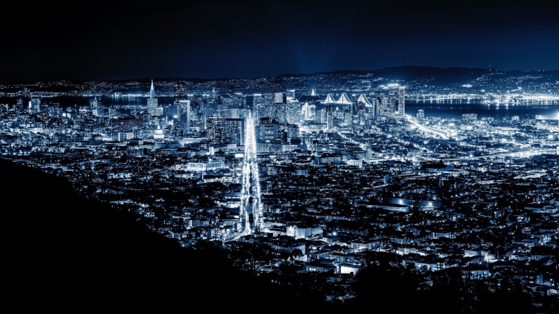 sky, photography, usa, city lights, cityscape, blue, metropolis, san francisco, skyline, night, california, darkness, united states, 4K