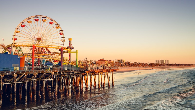 monica, beach, nature, amusement park, United States, illuminated, built structure, arts culture and entertainment, sky, water, wave, people, travel destinations