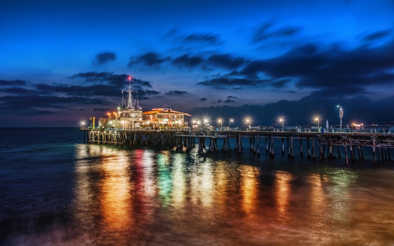 oceans, nature, santa monica, beautiful, lights, california, pier, water, clouds, monica, santa, 2K, colorful