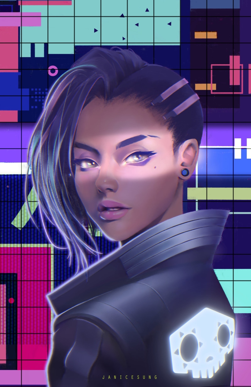 Sombra (Overwatch), indoors, colorful, one person, modern, robot, futuristic, wireless technology, make-up, young adult, neon, women, connection, headshot