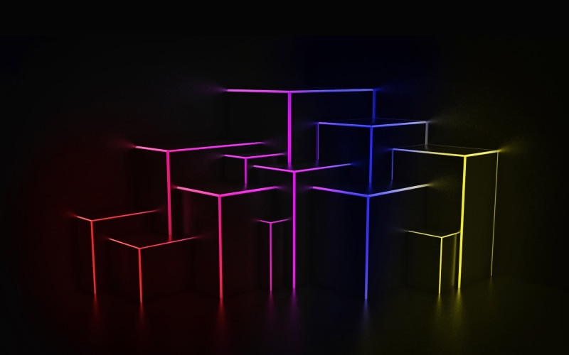 geometric shape, three dimensional, design, red, architecture, creativity, no people, sign, lighting equipment, light - natural phenomenon, black background