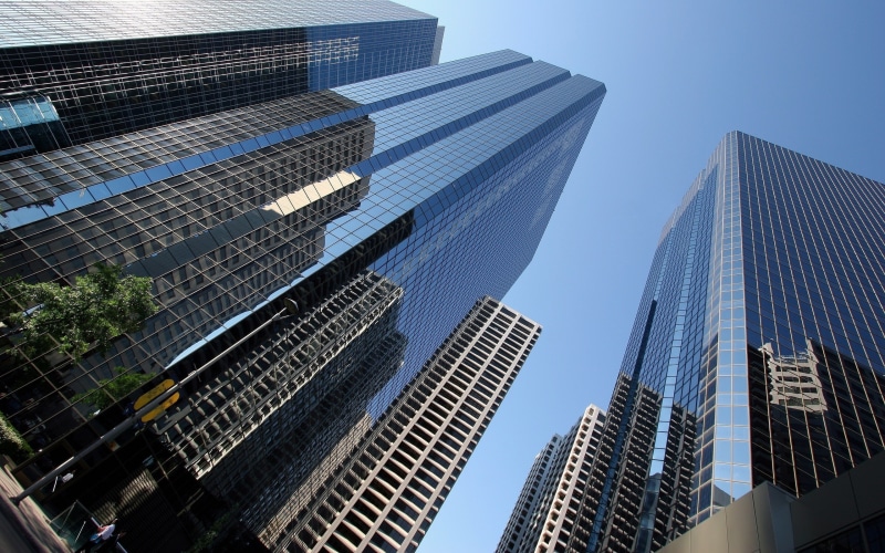 business, sky, glass - material, office, building exterior, modern, New York City, USA, financial district, downtown district, 2K, landscape, skyscraper