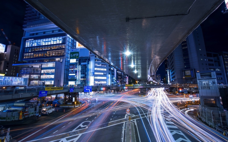 light, transportation, traffic, outdoors, speed, motion, building, blurred motion, photography, street, Tokyo, city street, lights, 1080P, skyscraper