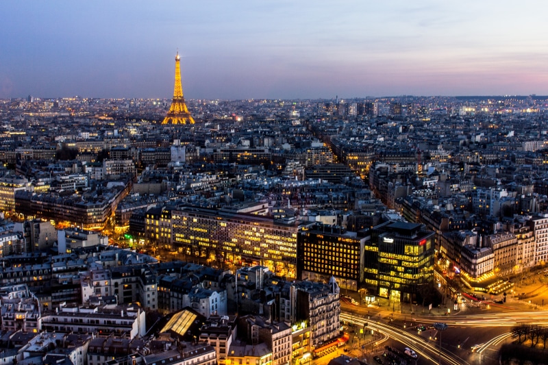 crowd, office building exterior, cityscape, Paris, sky, Eiffel Tower, illuminated, sunset, city, building, urban, crowded, travel, travel destinations