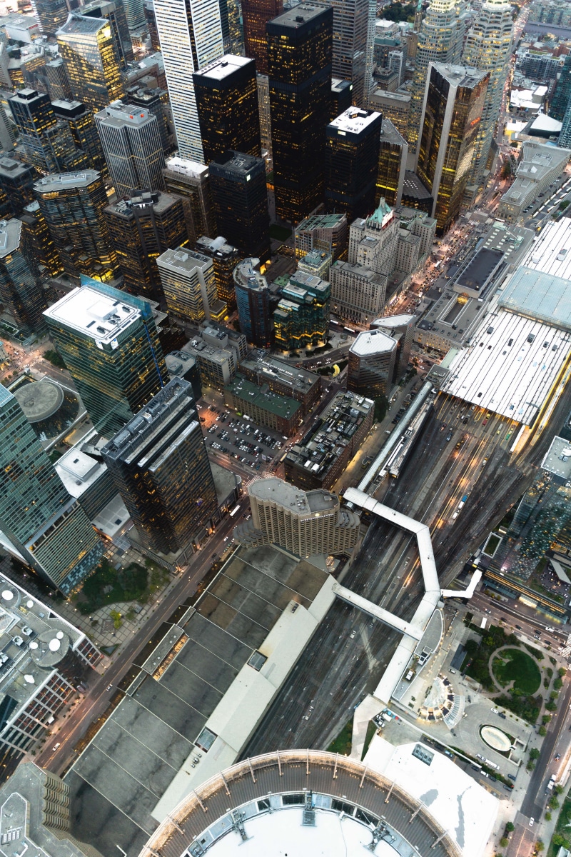 high Angle View, cn tower, downtown District, asia, train, photography, office Building, tower, aerial View, traffic, skyscraper, high rise, daytime, buildings