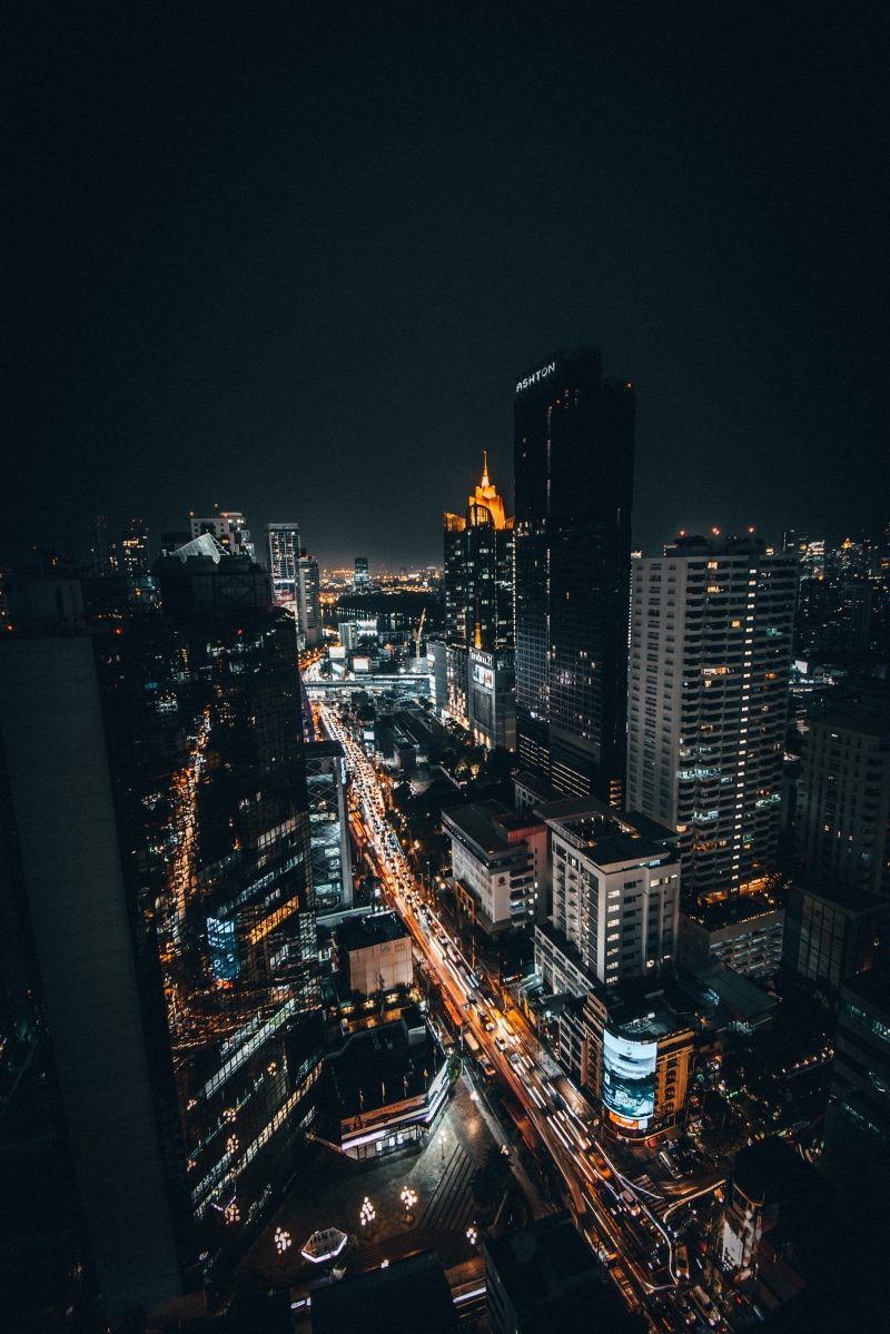 evening, urban Scene, thailand, tokyo Prefecture, skyscraper, highrise, skyline, illuminated, citylight, night, built Structure, asia, road, street, buildings