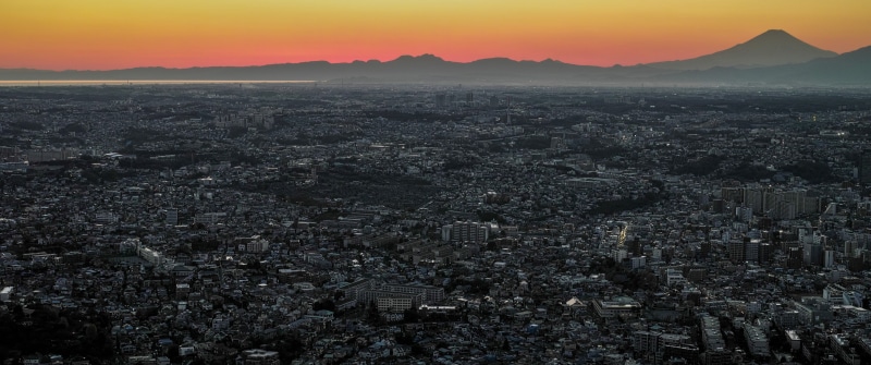 scenics - nature, horizon over land, built structure, mountain, architecture, Japan, sunrise, sky, sunset, outdoors, 4K, urban skyline, horizon, mountain peak