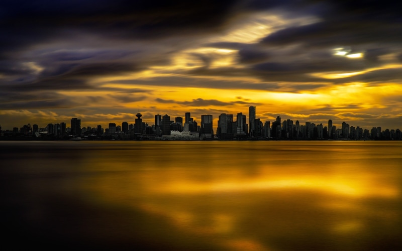 Canada, sunset, nature, reflection, urban skyline, horizon, water, waterfront, gold, 2K, clouds, cloud - sky, building exterior, office building exterior