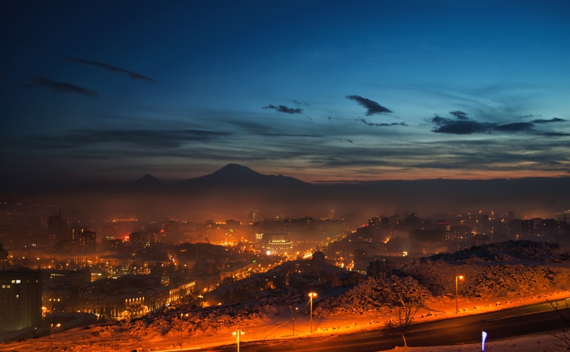 edgar varjapetyan photography, armenia, night, high angle view, opera, nature, building exterior, ararat mountain, buildings, sky, city life, 5K, lights