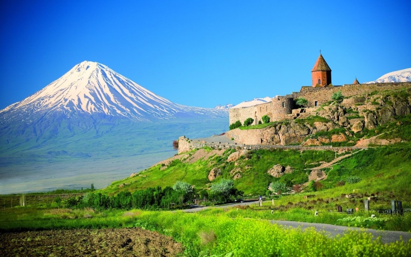 plant, land, blue, the past, clear sky, brown, no people, history, building exterior, mountain peak, mountain, Mount Ararat, scenics - nature, castle, landscape