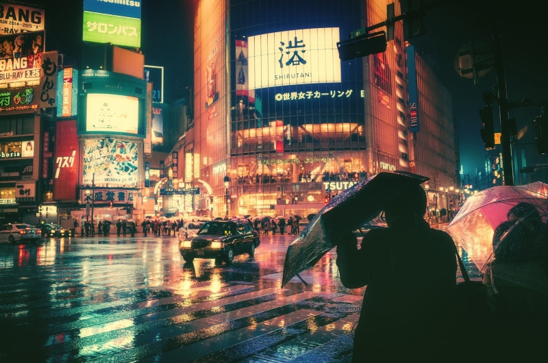 city, wet, rainy season, table, transportation, land vehicle, street, Shibuya, wooden, Japan, photography, building exterior, motor vehicle, one person