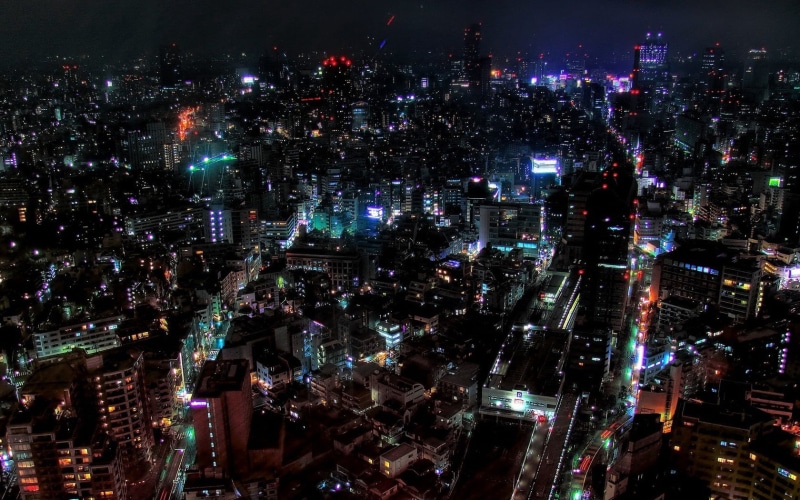 glowing, nature, traffic, city, building Exterior, financial district, aerial View, street, buildings, japan, night, asia, business, asian architecture