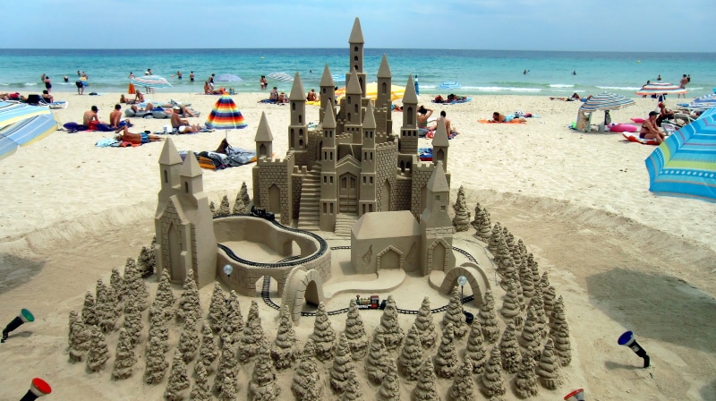 tourism, travel destinations, trip, sandburg, castle, holiday, sea, vacations, summer, sand castle, 4K, mediterranean, people, crowd, near, high angle view