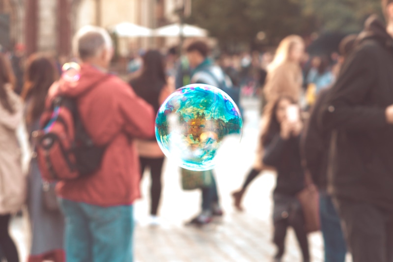 sunlight, crowd, outdoors, women, incidental people, fragility, Colorful, Reflection, Buildings, czech republic, large group of people, bubbles, young adult