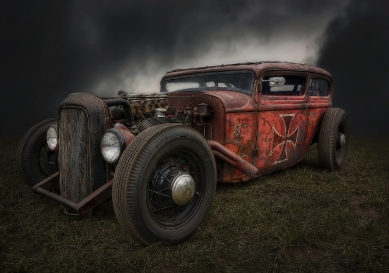 Rat Rod, motor vehicle, retro, abandoned, red, land vehicle, 1080P, grass, old, transportation, Hot Rod, plant, no people, wheel, tire, classic, mode of transportation