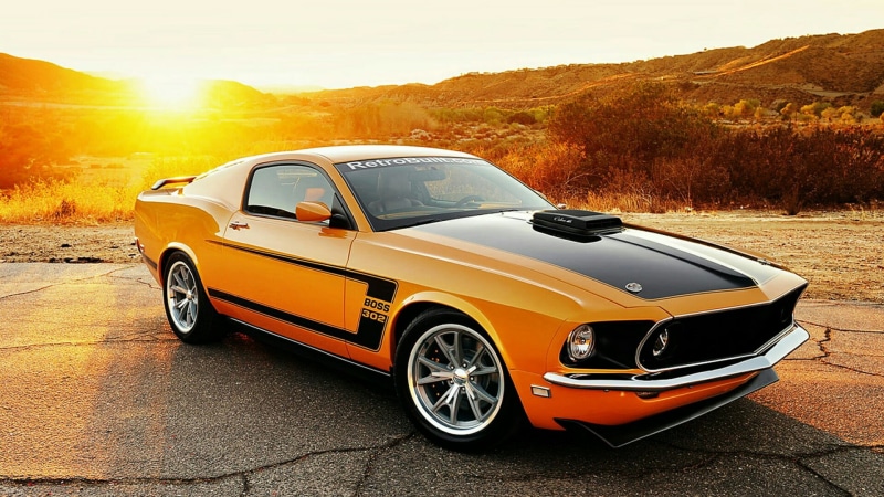 muscle car, sun, transportation, land vehicle, mode of transportation, outdoors, speed, sunshine, 1080P, sunset, 1962, ford mustang, sports car, road