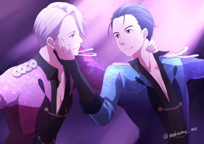 representation, night, illuminated, blue, people, skating, two people, young women, yuri on ice, waist up, Anime, event, katsuki yuuri, human representation