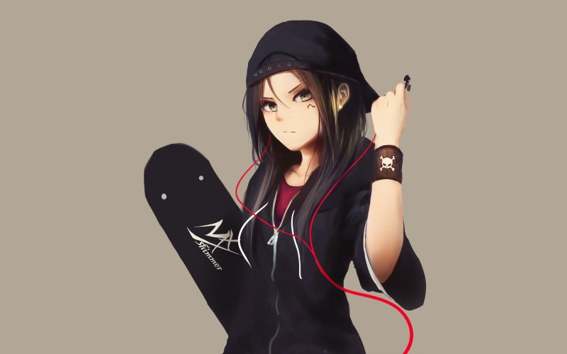 Skateboard, Anime, Original (Anime), 1080P, Black Hair, Girl, Earbuds, Black Eyes, Cap