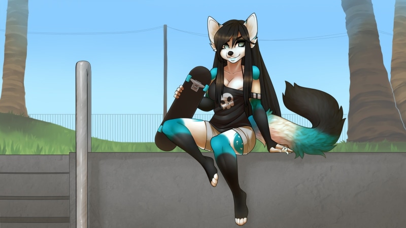 full length, furry, costume, girl, women, building exterior, architecture, nature, Anthro, skater, low angle view, 1080P, illustration, looking away, clothing
