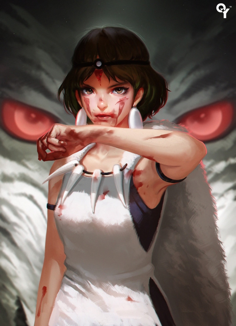 waist up, fantasy art, females, blood, fashion, front view, red, portrait, hairstyle, indoors, emotion, women, Princess Mononoke, beauty, adult, beautiful woman