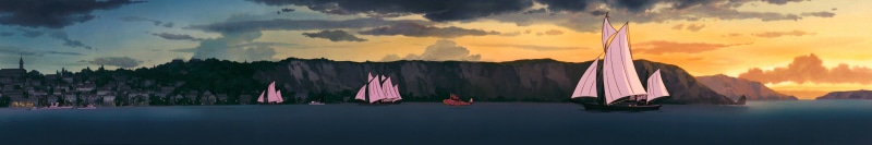 water, silhouette, sky, panoramic, Studio Ghibli, no people, sunset, textile, 5K, cloud - sky, nature, sailboat, landscape, dusk, architecture, travel destinations