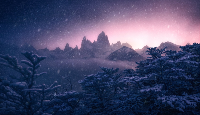 Andes, mount Fitzroy, mountains, trees, Patagonia, winter, snow, Argentina, Monte Fitz Roy, 2K