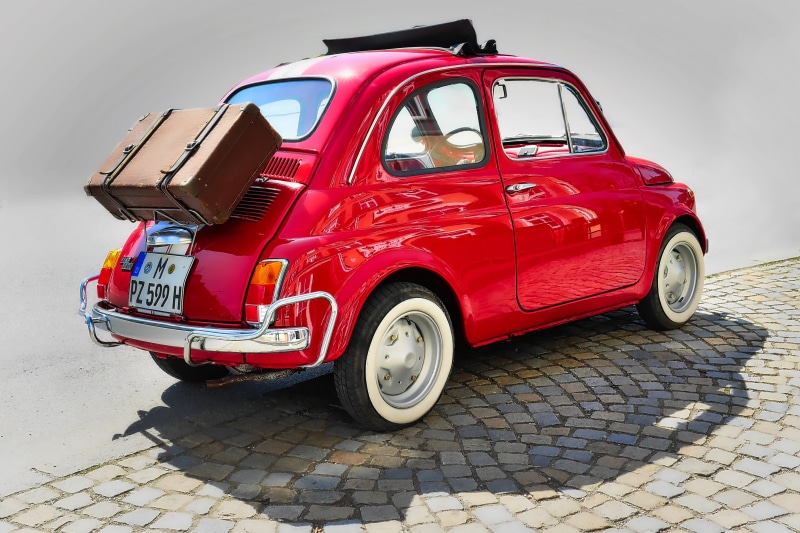 footpath, car, retro styled, red, parked, sport, luggage, classic, side view, auto, architecture, fiat, vintage, drive, no people, vehicle, land vehicle