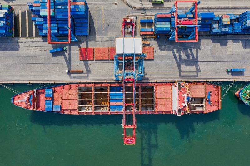 traffic, urban, commerce, drone shot, travel, near, intermodal, seashore, aerial shot, high angle shot, photo, port, containers, cargo container, aerial
