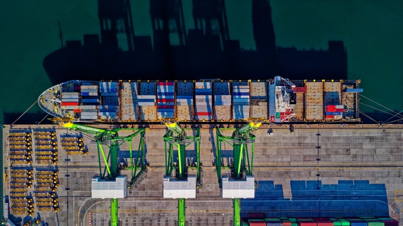 city, focus on foreground, urban, dock, architecture, ship, harbor, transportation system, watercraft, container, day, no people, transportation, drone cam